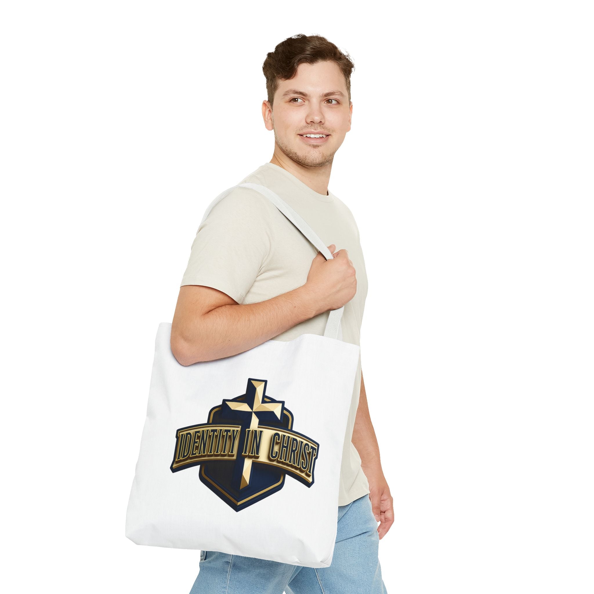 Identity in Christ Cross Tote Bag — Christian Faith AOP Canvas Tote